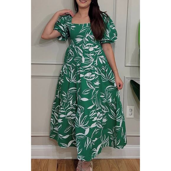 Meadow Rhodes Midi Dress Green & White Cotton Leaf Print A-line Puff Sleeve Med - Picture 9 of 9